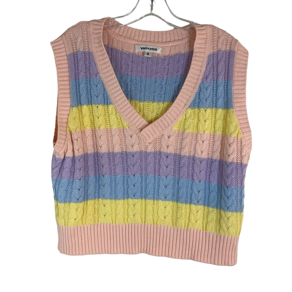 Vigoss Cableknit Sweater Vest Pastel Stripes, Size M Preppy CollegeCore - Picture 5 of 10